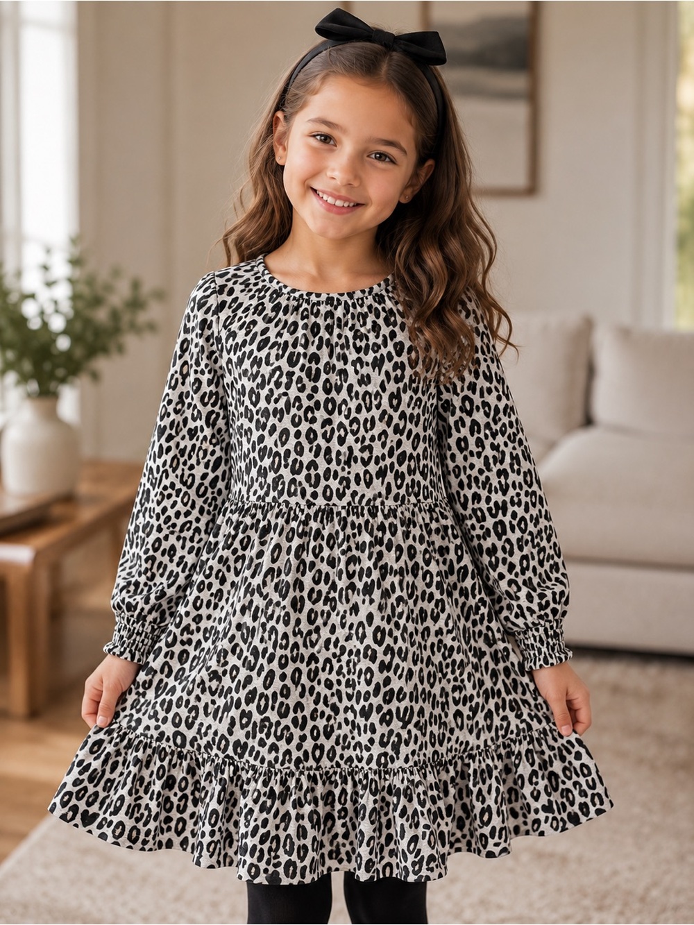 Crewcuts Black and White Leopard Print Tiered Dress